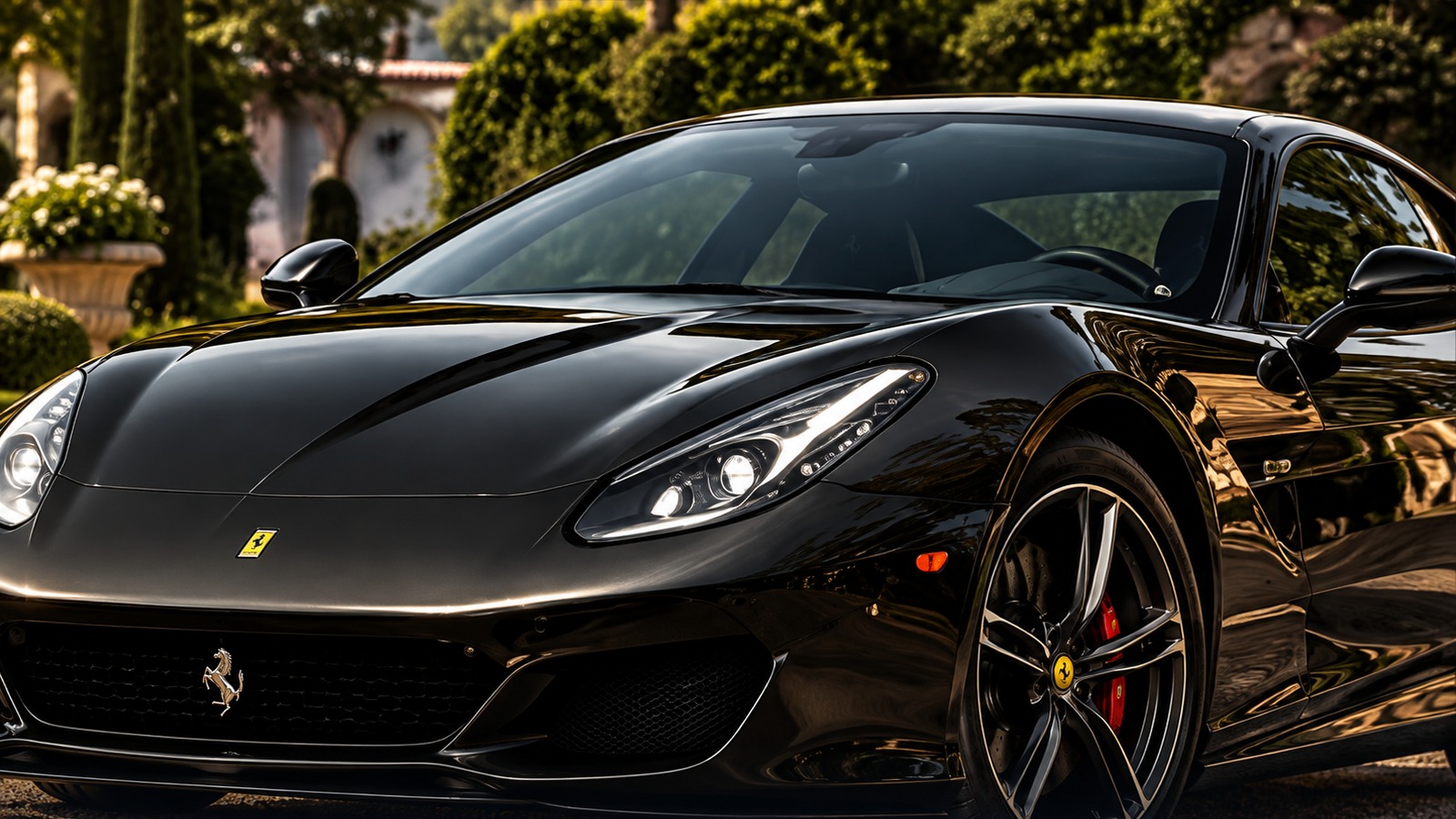 Modern front-engined supercar in low light
